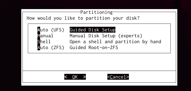 The partitioning screen in the FreeBSD install, showing the different options available
